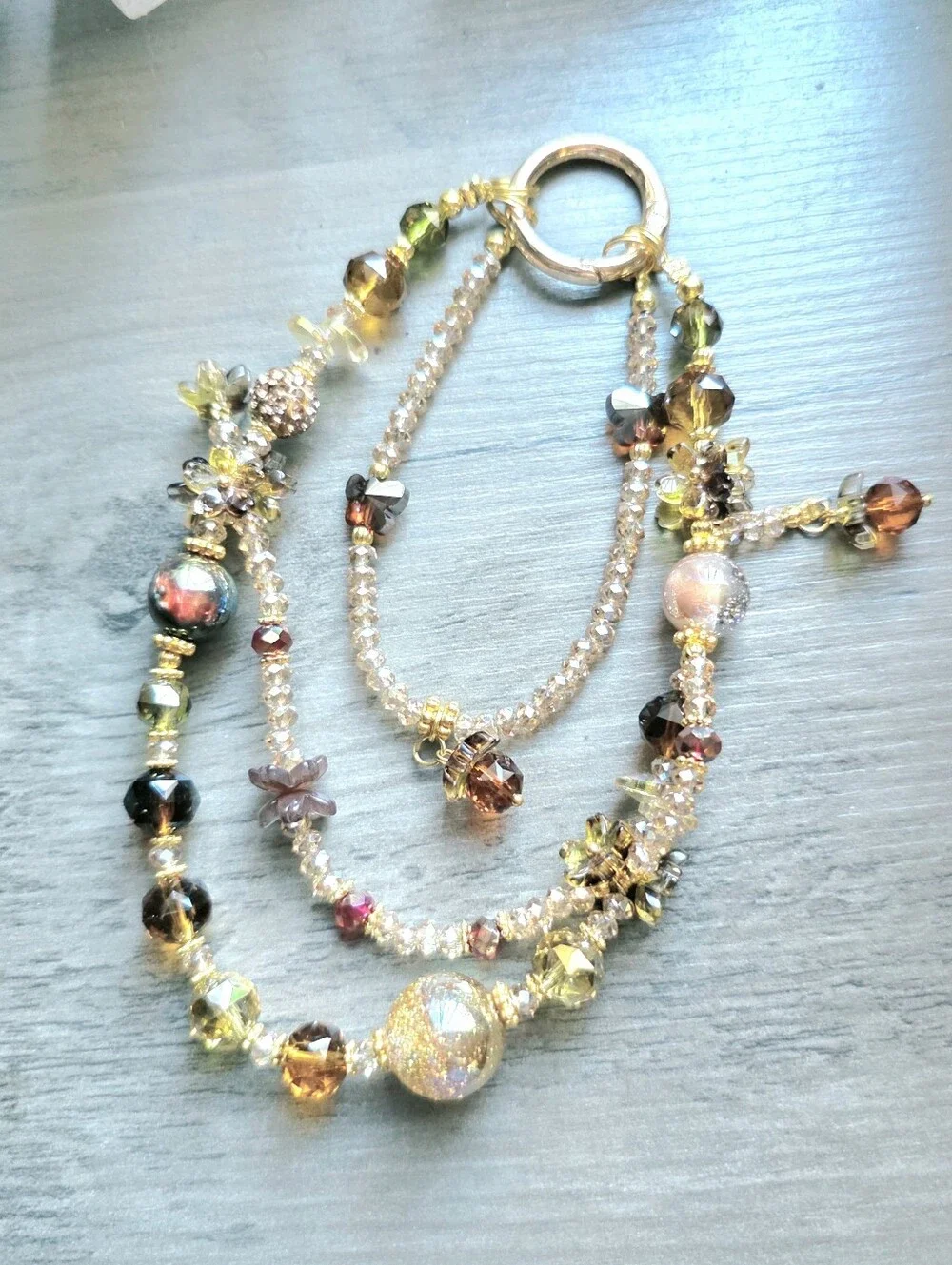 Trendy Phone or Bag Charm Earthy Gold-Tone Iridescent & Amber Multi-Strand